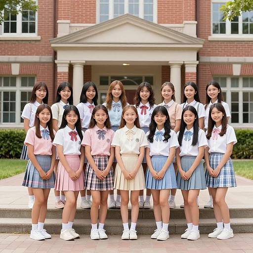 Photograph of 15 Asian schoolgirls in white shirts and plaid skirts, standing in front of a red-brick building, smiling.
