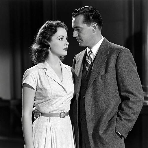 Black-and-white photograph of a 1940s-style couple; woman in white dress, man in dark suit, standing close, gazing at each