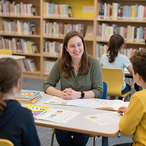 Photograph of a smiling Caucasian woman with brown hair, green shirt, teaching in a library, surrounded by students and colorful bookshelves.