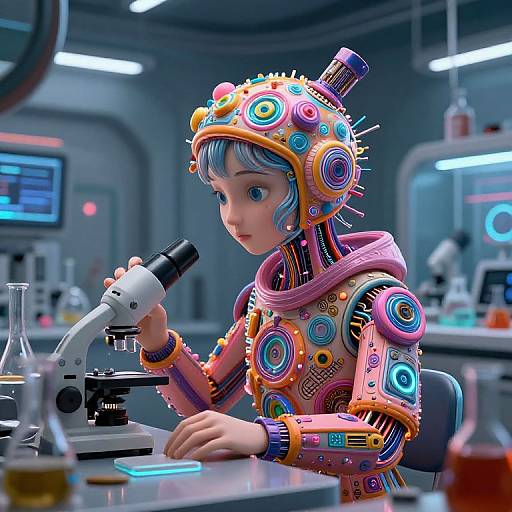 Digital art of a colorful, robotic woman with blue hair, wearing a vibrant, circular-patterned helmet, examining a microscope in a futuristic lab.