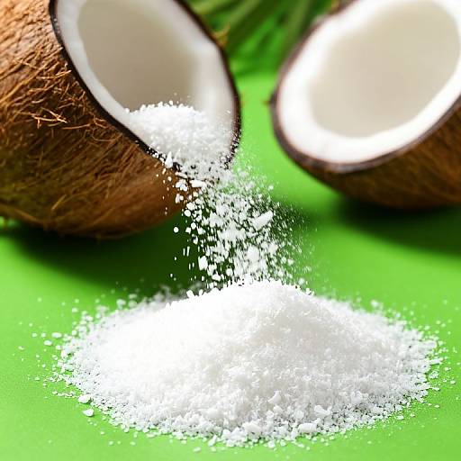 Photograph of white salt sprinkled on green surface between two halved brown coconuts with white interiors, highlighting texture contrast.