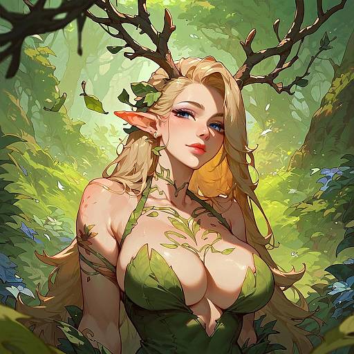 Blonde Dryad with Antlers in Forest