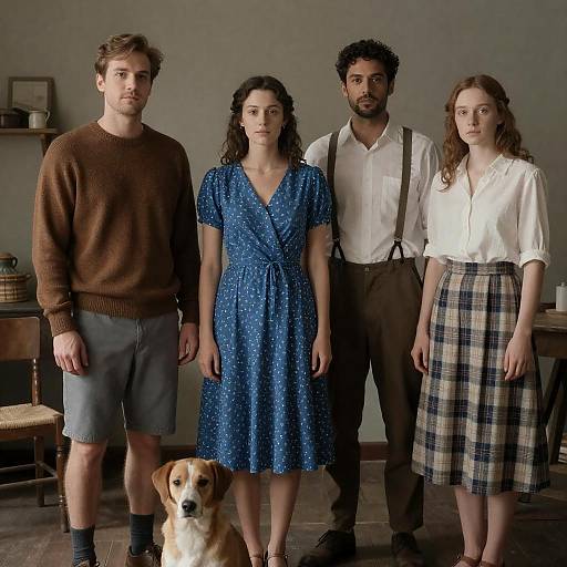 Photograph of four people and a dog standing in a dimly lit room. Two men in brown and white shirts, two women in blue and pl