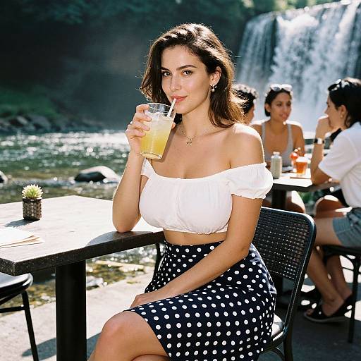 Photograph of a brunette woman with medium skin tone, wearing a white off-shoulder top and black polka dot skirt, sipping a 