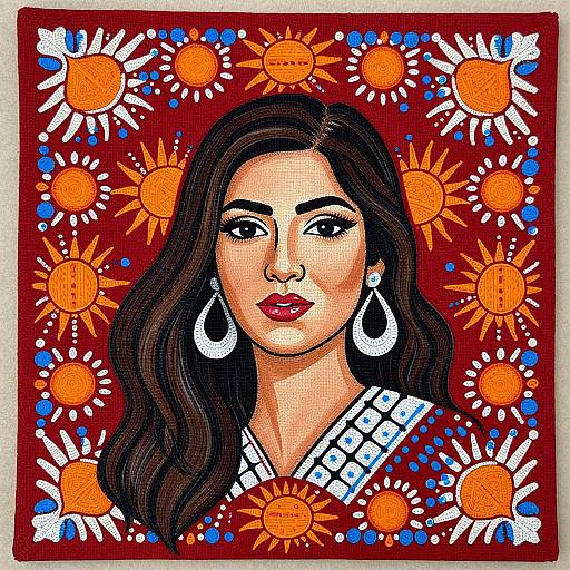 Colorful digital artwork of a Latina woman with long dark hair, red lips, white earrings, and traditional dress, surrounded by orange suns and blue