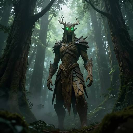 Digital art: Dark forest creature with glowing green eyes, antlered head, and armored, leaf-like clothing stands menacingly amid misty, towering