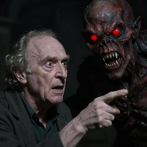 Terrified Older Man Pointing at Monster