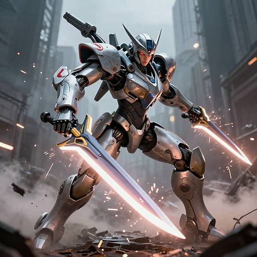 CGI image of a futuristic, silver and black armored warrior wielding two glowing swords in a smoky, ruined urban battlefield.