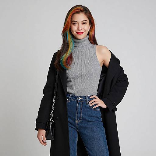 Photograph of a confident woman with long, multi-colored hair, wearing a gray turtleneck, black coat, and high-waisted blue jeans