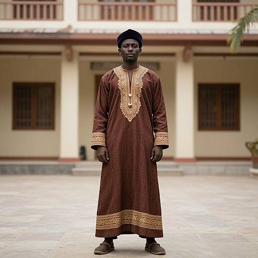 Photograph of a Black African man in a brown, long-sleeve, embroidered traditional dress, standing confidently in a tiled courtyard with a colonial-style