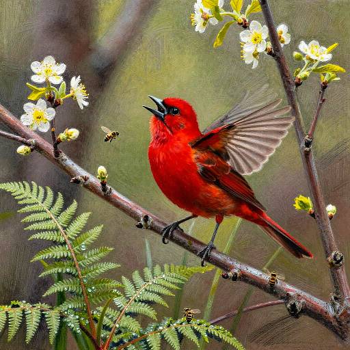Vibrant red male red-winged blackbird with open wings, perched on a branch with white flowers, green leaves, and a buzzing bee
