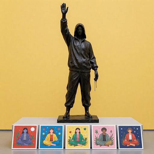 Vibrant Hooded Statue with Colorful Imagery