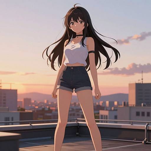 Anime-style illustration of a young woman with long black hair, wearing a white tank top and black shorts, standing on a rooftop at sunset. Cityscape