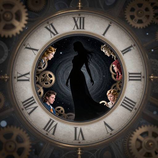 Digital art: Silhouetted woman in long dress centered in clock face with Roman numerals, surrounded by gears, three people with golden crowns