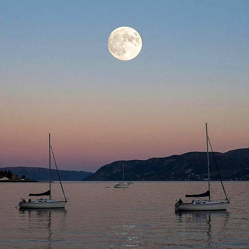 Full Moonrise Over Calm Fjord with Sailboats