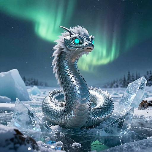 CGI dragon with glowing blue eyes and silver scales sits on icy terrain under vibrant green northern lights, surrounded by ice crystals.