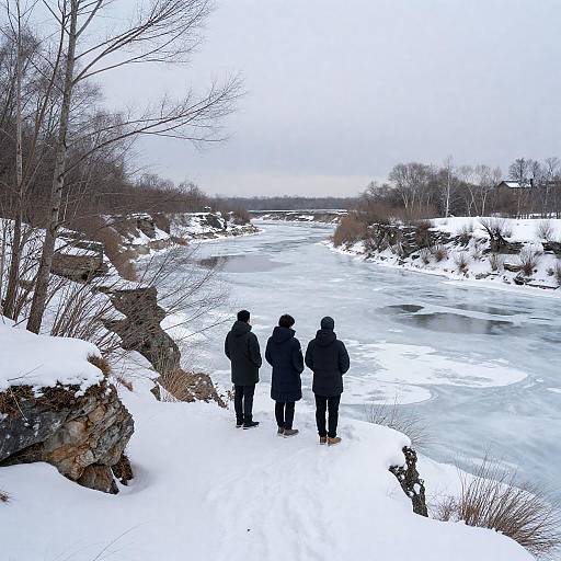 People Standing on Snowy Cliff by Frozen River