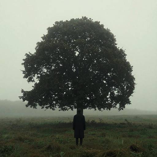 Solitary Figure Beneath Looming Dark Tree
