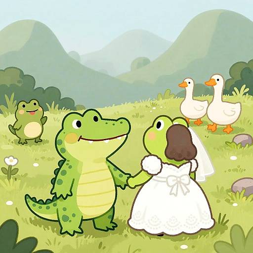 Cartoon image of green alligator in yellow belly and white-dressed alligator bride holding hands, with two white ducks and another green alligator in