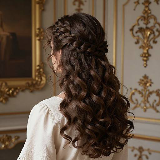 Photograph of a woman with long, wavy, dark brown hair styled in an intricate braid and loose curls, wearing a white lace top,