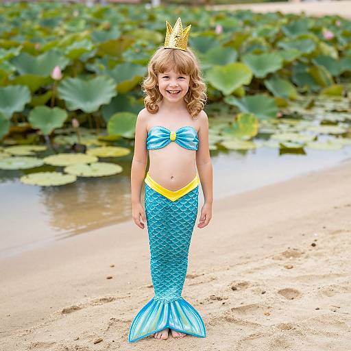 Photograph of a smiling, curly-haired young girl with a blue mermaid costume, yellow top, and golden crown, standing on a sandy beach with