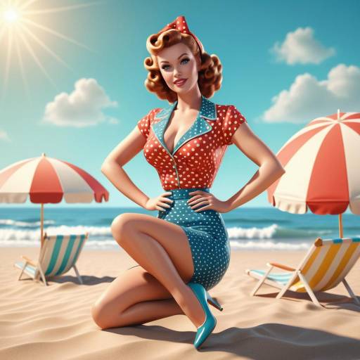 Vintage Pin-Up Model by Classic Car on Sunny Beach