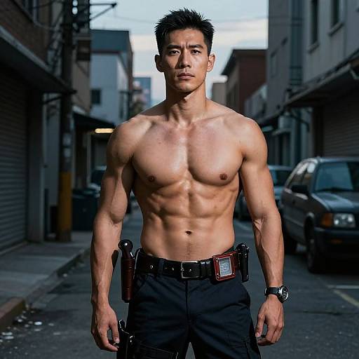 Photograph of a muscular, shirtless Asian man with short black hair, wearing black pants, a utility belt, and a watch, standing in a