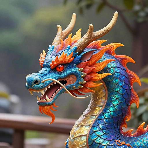 Vibrant digital illustration of a fierce, blue-scaled dragon with orange and red fiery mane, sharp horns, and glowing red eyes, set against