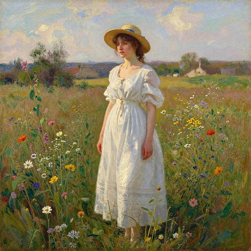 Impressionist painting of a young woman in a white dress and straw hat standing in a colorful meadow with wildflowers under a bright sky.