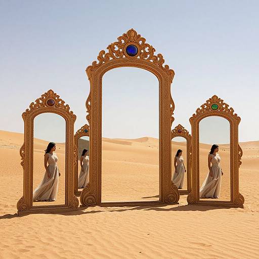 Photograph of a woman in a flowing white dress standing in front of three ornate, gold-framed mirrors with blue and green jewels, set in