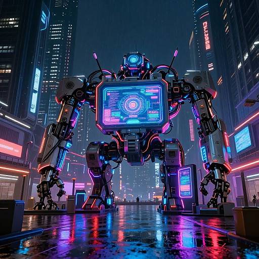 Neon-lit cyberpunk cityscape featuring a massive, glowing, robotic mecha with blue and pink lights standing in the rain-soaked street.