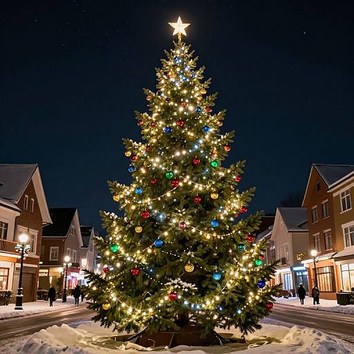 Photograph of a brightly lit, decorated Christmas tree with multicolored ornaments and a star topper, standing on a snowy street in a quaint,