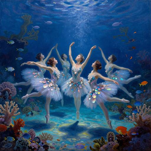 Underwater photograph of four ballerinas in shimmering, sequined white tutus, gracefully dancing amidst colorful coral reefs and vibrant fish.