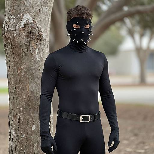 Photograph of a man in a black, form-fitting suit, black gloves, and spiked mask, standing beside a tree in a wooded area.