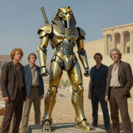Photograph of four men in suits standing beside a golden, robotic Anubis statue in a desert with ancient ruins.