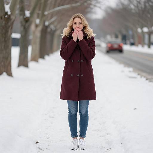 Shy Blonde on Snowy Tree-Lined Path