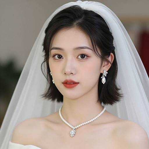 Photograph of an Asian woman with short black hair, fair skin, and red lipstick, wearing a white wedding veil, pearl necklace, and earrings,