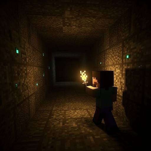 Minecraft screenshot: dark, blocky cave with pixelated textures; glowing fire in the distance, small green lights on walls, shadowy figure approaching
