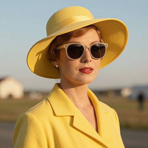 Photograph of a fair-skinned woman with red lipstick, wearing a yellow wide-brim hat, sunglasses, and matching yellow coat, standing outdoors.