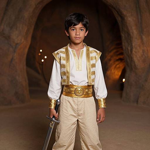 Photograph of a young Indian boy with dark hair in a white and gold ornate medieval-style outfit, holding a sword, standing in a dimly