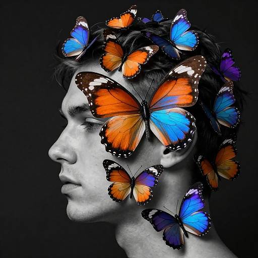 Photograph of a white-skinned male head in profile, surrounded by vibrant orange and blue butterflies, against a black background.