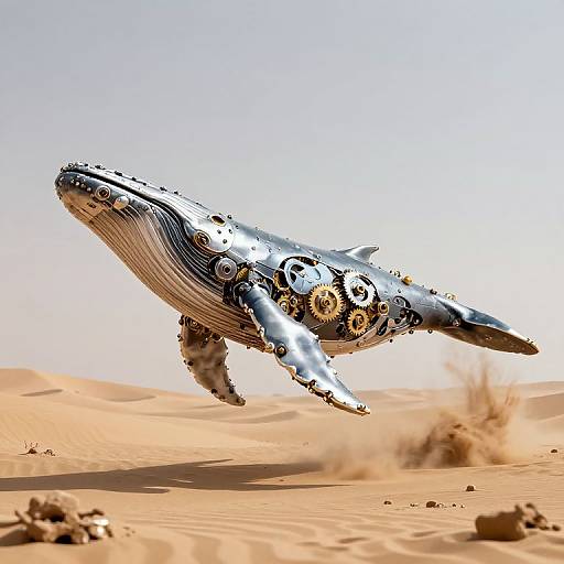 Photorealistic digital artwork of a futuristic, gear-filled blue whale soaring above a sunlit, sandy desert, blending marine biology with steampunk elements
