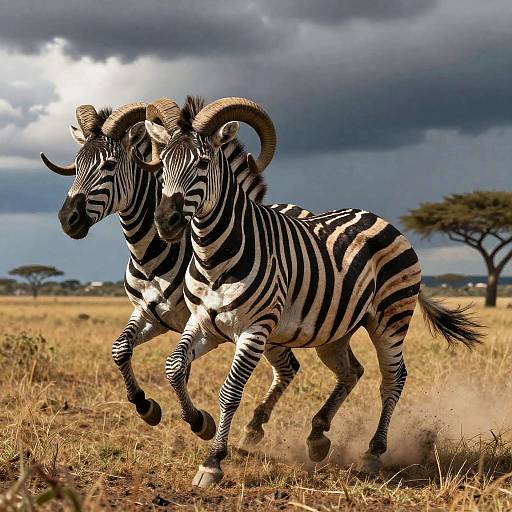 Photograph of two zebra with ram-like horns galloping through a sunlit African savanna with dramatic cloudy sky in the background.