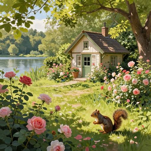 Photorealistic digital painting of a charming cottage by a lake, surrounded by blooming pink roses, green grass, and a curious squirrel. Sunlight
