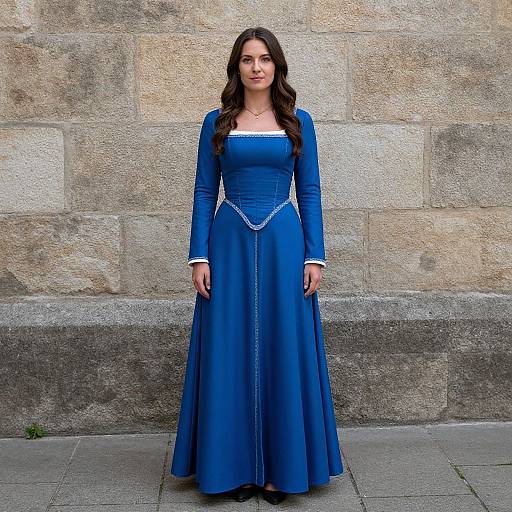 Photograph of a woman with long dark hair in a blue, long-sleeved, medieval-style gown with white trim and silver chain belt, standing