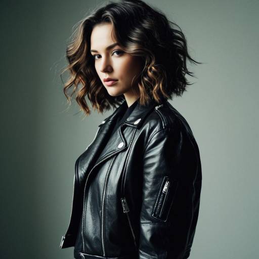 Fashion Model with Wavy Crop Hairstyle and Leather Jacket
