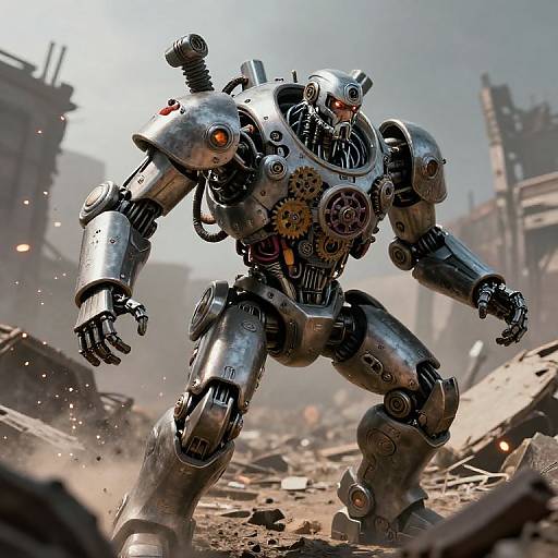 Photorealistic CGI of a massive, metallic robot with gears and orange eyes, standing in a dusty, ruined urban environment.