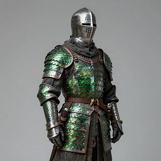Photograph of medieval knight in shiny, green-scaled armor with silver helmet, standing against gray background, showcasing detailed armor textures.