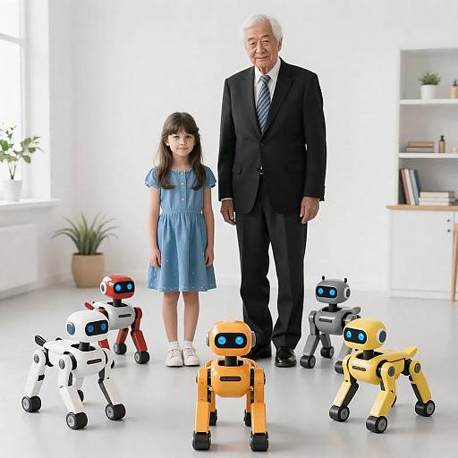 Elderly Man and Girl with K-9 Robots