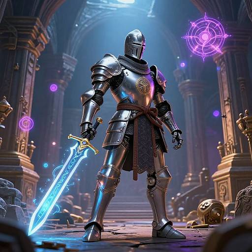 Digital artwork of a shiny, armored knight with a glowing blue sword, standing in a dimly lit, mystical cathedral with purple magical orbs and skulls on
